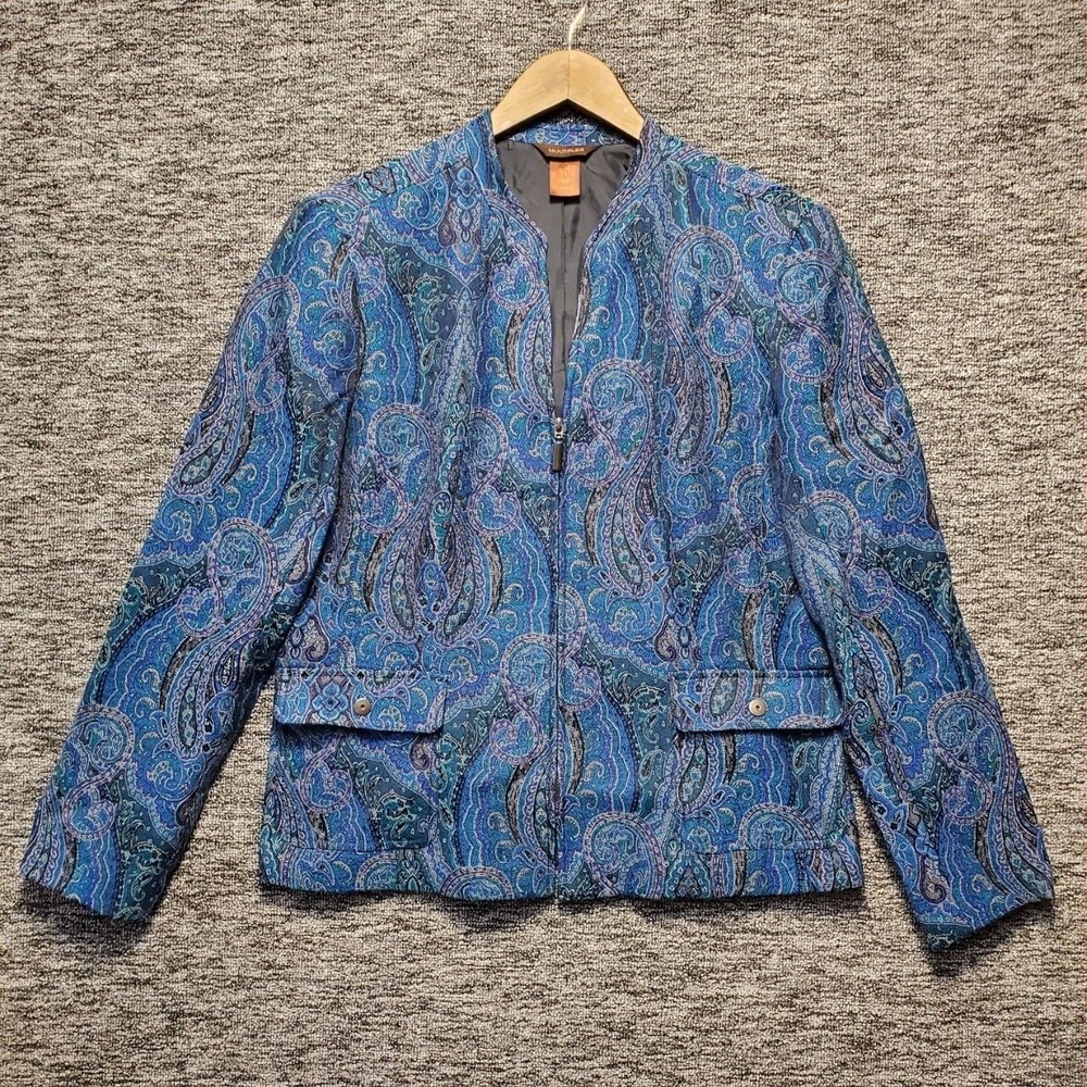 Multiples Womens Large Blue Paisley Full Zip Jacket Tapestry Woven Lined Coat
